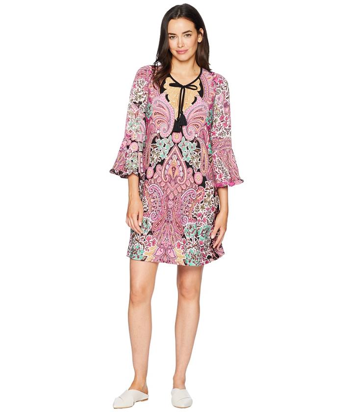 Eci 3/4 Sleeve Tie Neck Printed Jersey Dress (pink/orange) Women's Dress