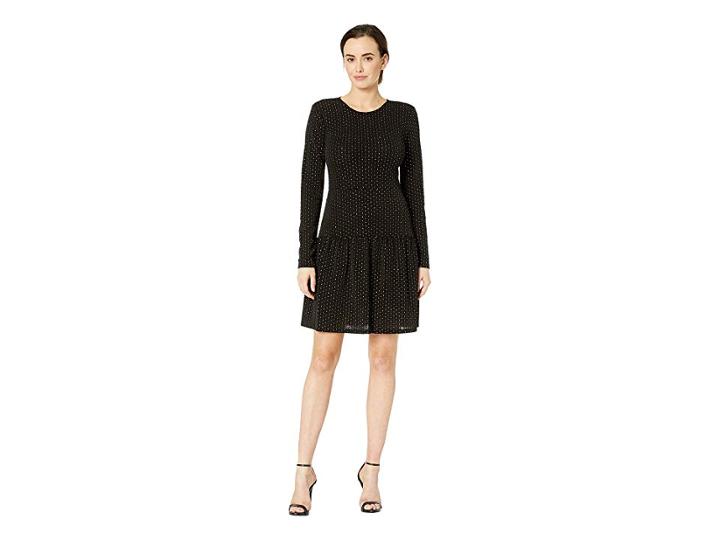 Michael Michael Kors Long Sleeve Shirred Skirt Dresss (black/gold) Women's Dress