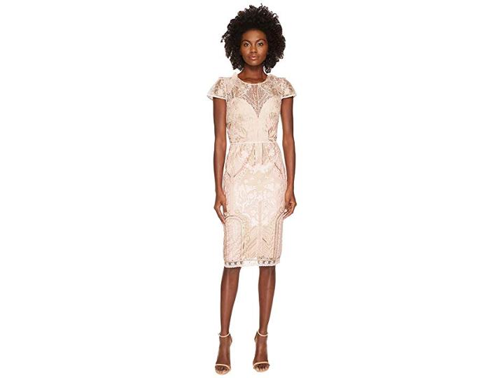 Marchesa Notte Embroidered Cocktail W/ Cap Sleeves (blush) Women's Dress