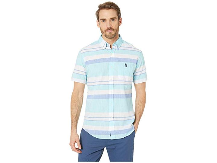 U.s. Polo Assn. Horizontal Slub Stripe Button Down (painters Aqua) Men's Clothing