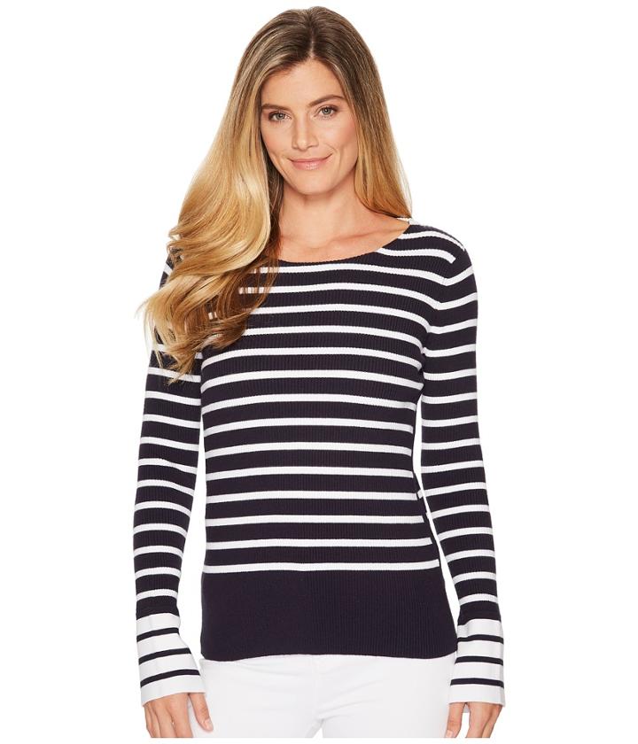 Elliott Lauren Rib Stripe Sweater With Bell Sleeve And Slit Detail (navy/white) Women's Sweater