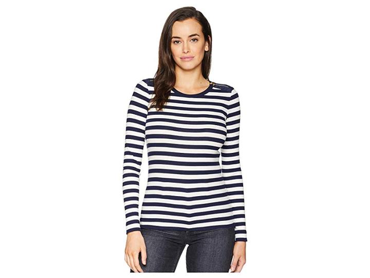 Lauren Ralph Lauren Zip-trim Cotton-blend Top (navy/mascarpone Cream) Women's Clothing