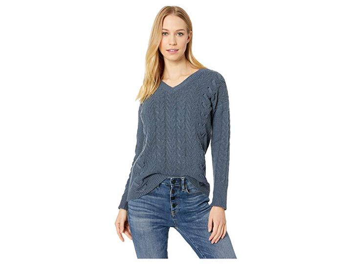 Pink Rose Long Sleeve V-neck Pullover Cable Sweater W/ Lace-up Side (blue Stone) Women's Sweater