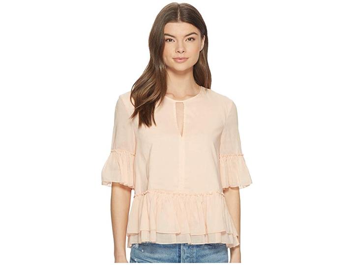 1.state Sheered Ruffle Blouse W/ Keyhole (peach Cloud) Women's Blouse