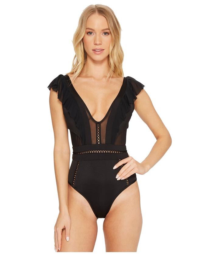 Jets By Jessika Allen Fanciful Ruffled Plunge One-piece (black) Women's Swimsuits One Piece