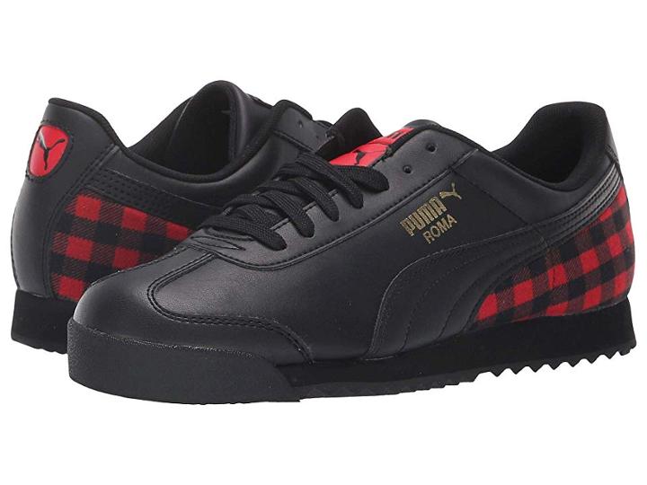 Puma Kids Roma Leather Flannel Jr (big Kid) (puma Black/puma Team Gold/ribbon Red) Kids Shoes