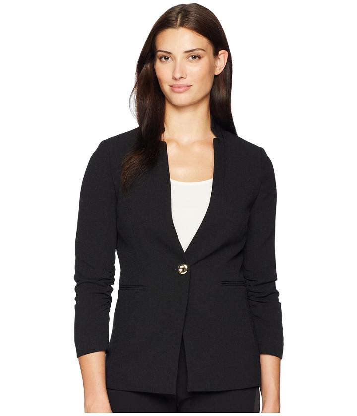 Tahari By Asl Crepe One-button Rouched Sleeve Jacket (black) Women's Coat