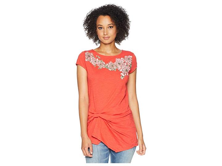 Ivanka Trump Round Neck Cap Sleeve Top With Embroidery And Tie Front Waist (apple) Women's Clothing