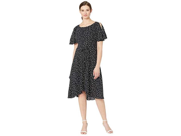 Anne Klein Ritz Dot Printed Cdc Flutter Sleeve Sash Dress (anne Black/anne White) Women's Dress