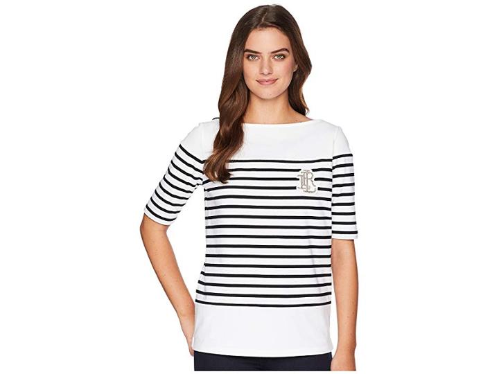 Lauren Ralph Lauren Striped Cotton T-shirt (soft White/polo Black) Women's T Shirt