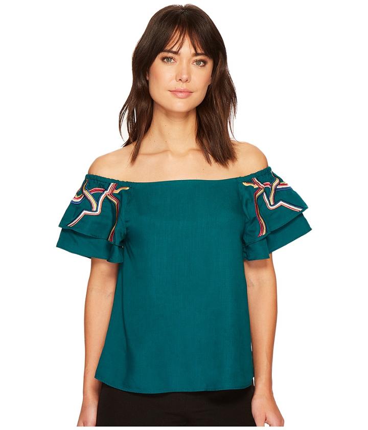 Catherine Catherine Malandrino Double Tiered Short Sleeve Off The Shoulder Top (deep Teal) Women's Long Sleeve Pullover