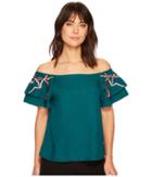 Catherine Catherine Malandrino Double Tiered Short Sleeve Off The Shoulder Top (deep Teal) Women's Long Sleeve Pullover