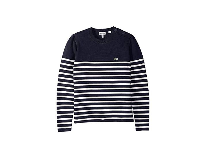 Lacoste Kids Milano Striped Buttoned Sweater (toddler/little Kids/big Kids) (navy Blue/flour) Boy's Sweater