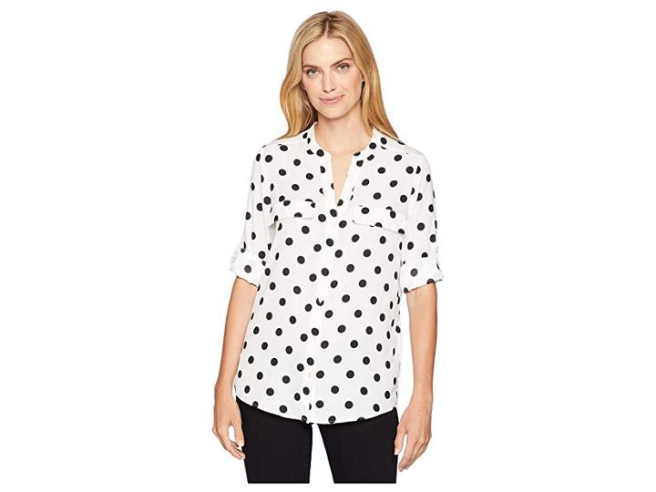 Calvin Klein Printed Roll Sleeve Blouse (dot (black/white)) Women's Blouse