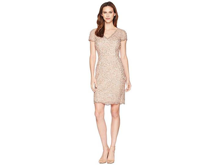 Adrianna Papell Scallop Neck Beaded Cocktail Dress (rose Gold) Women's Dress