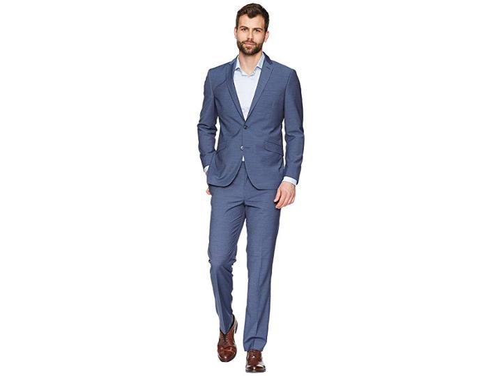 Kenneth Cole Reaction Textured Linen Blend 32 Finished Bottom Suit (blue) Men's Suits Sets