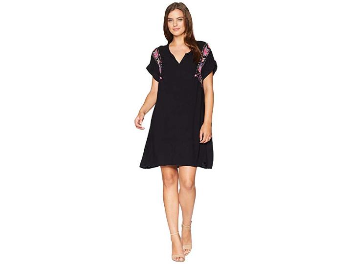 Mod-o-doc Summertime Shirting Pullover Notch Front Dress With Embroidery (black) Women's Dress