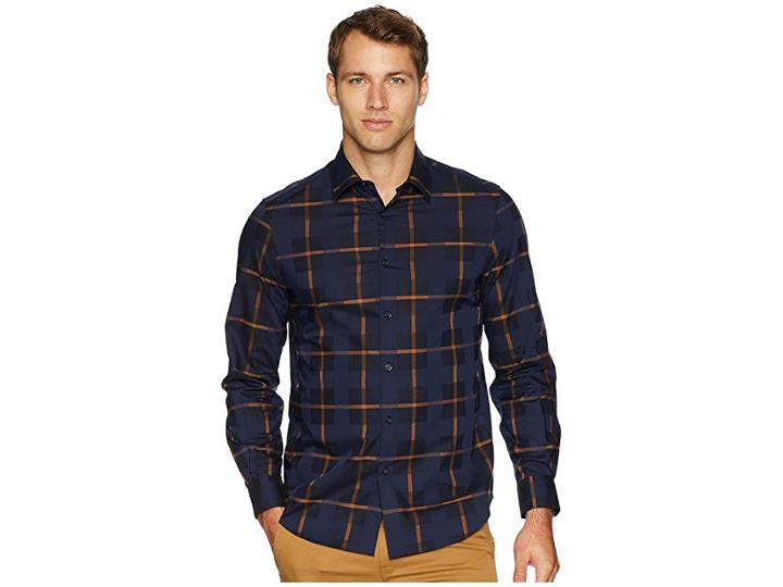 Perry Ellis Dobby Plaid Shirt (partridge) Men's Clothing