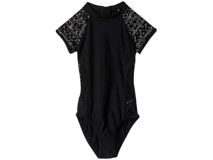 Seafolly Kids Summer Essentials Short Sleeve Surf Tank One-piece (little Kids/big Kids) (black) Girl's Swimsuits One Piece