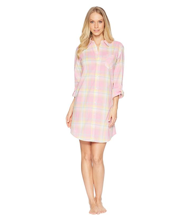 Lauren Ralph Lauren Long Sleeve Roll Tab His Shirt Sleepshirt (pink Plaid) Women's Pajama