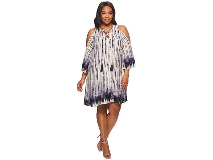 Kari Lyn Plus Size Caroline Cold Shoulder Tie-dye Dress (ivory/navy) Women's Dress