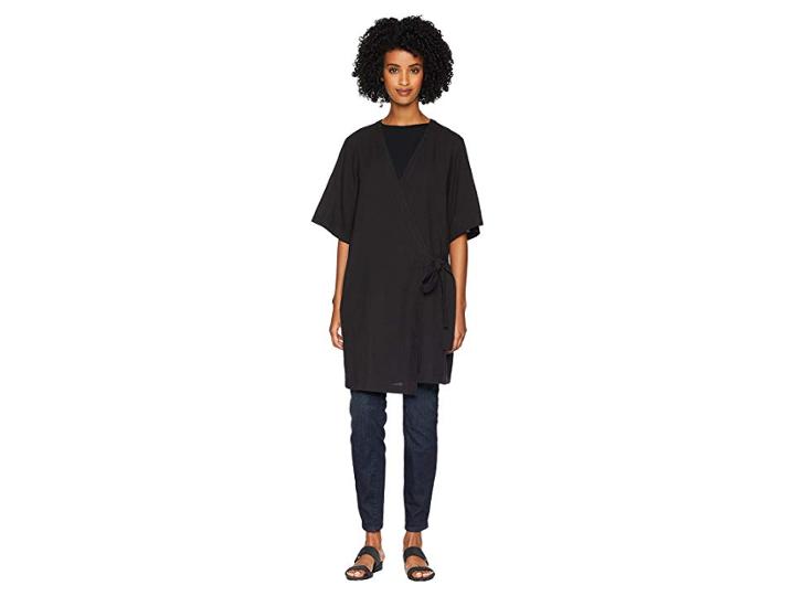 Eileen Fisher Organic Cotton Crepe V-neck Kimono Elbow Sleeve Jacket (black) Women's Coat