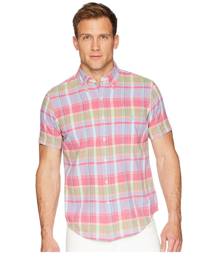 Polo Ralph Lauren Madras Short Sleeve Sport Shirt (magenta/blue) Men's Clothing