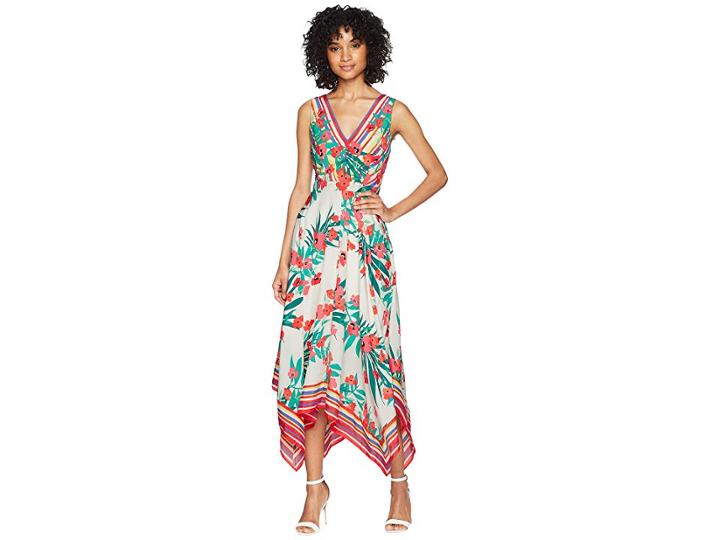 Vince Camuto Printed Handkerchief Hem V-neck Dress (ivory Multi) Women's Dress