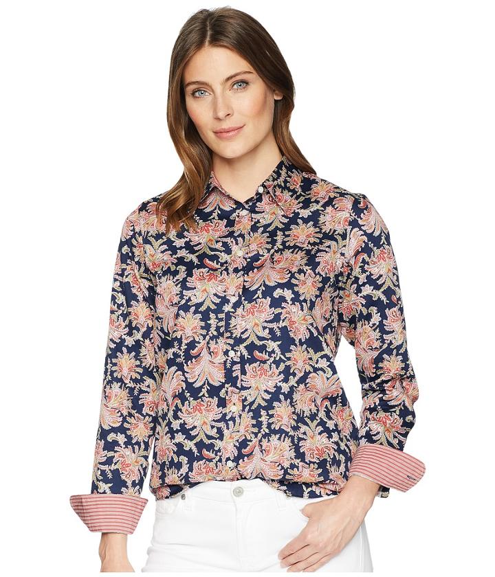 Chaps No-iron Paisley Sateen Shirt (navy Multi) Women's Clothing