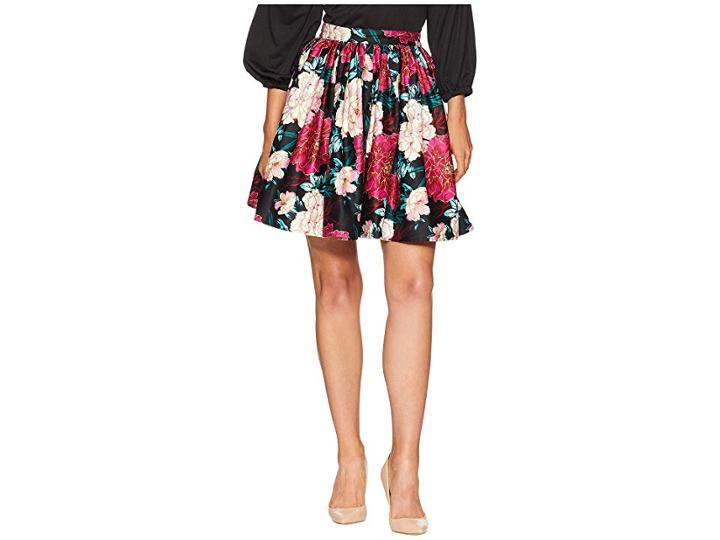 Unique Vintage 1950s Style Lupone Skater Skirt (black/pink Carnation Print) Women's Skirt