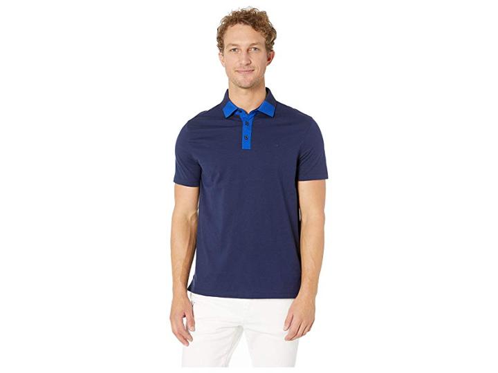 Calvin Klein Short Sleeve Color Block Polo (blackend Indigo) Men's Clothing