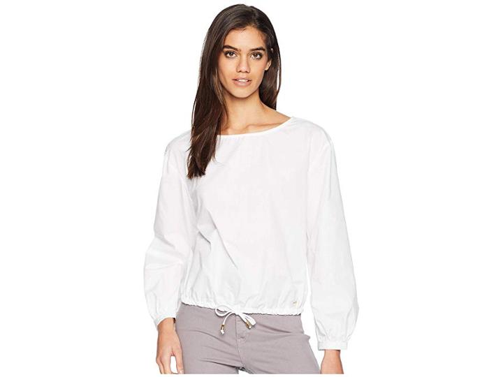 Bebe Long Sleeve Tie Waist Top With Bebe Logo Hardware (white) Women's Clothing
