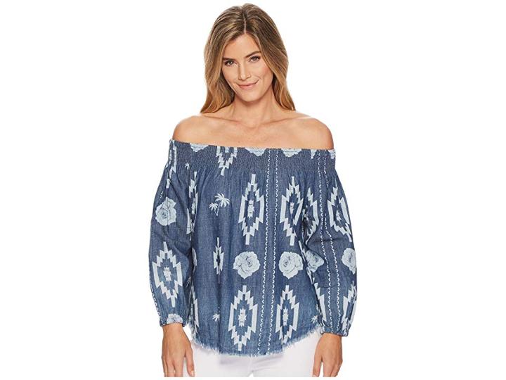 Tribal Printed Lightweight Denim Off Shoulder Blouse With Frayed Hem (nile Blue) Women's Blouse