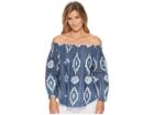 Tribal Printed Lightweight Denim Off Shoulder Blouse With Frayed Hem (nile Blue) Women's Blouse