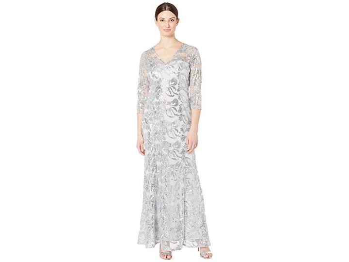Marina Long Sleeve Embroidered Sequin Lace Gown (silver) Women's Clothing