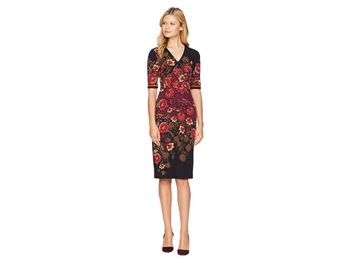Maggy London Jacobean Shadow Border Scuba Crepe V-neck Sheath Dress (black/burgundy) Women's Dress