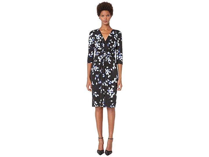 London Times Matte Jersey 3/4 Sleeve Midi Dress (black/aqua) Women's Dress