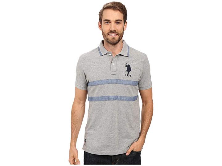 U.s. Polo Assn. Quilted Pique And Chambray Striped Polo Shirt (heather Grey) Men's Clothing