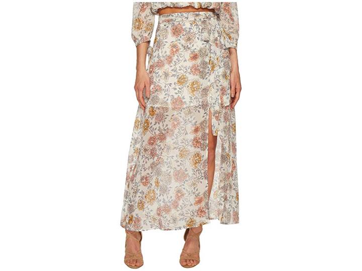 J.o.a. Printed Maxi Skirt With High Side Slit (ivory Floral) Women's Skirt