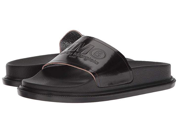 Mm6 Maison Margiela Logo Leather Slide (black Vacchetta) Women's Slide Shoes