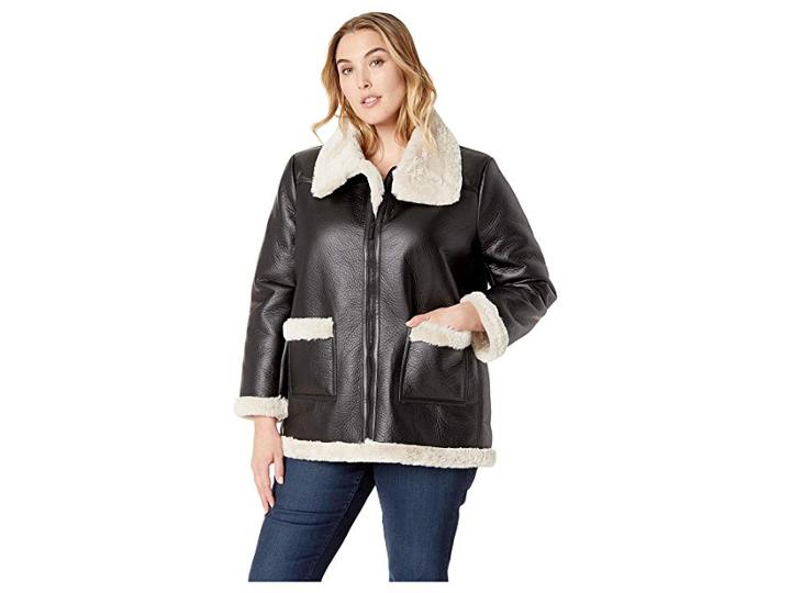Vince Camuto Specialty Size Plus Size Long Sleeve Pleather Shearling Trimmed Jacket (rich Black) Women's Coat