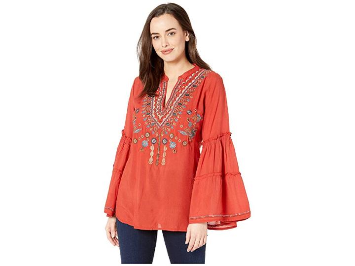 Scully Piper Embroidered Double Tiered Sleeve Tunic (sunset) Women's Blouse