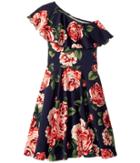 Fiveloaves Twofish Zoe One Shoulder Knit Dress (little Kids/big Kids) (navy Floral) Girl's Dress