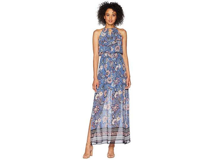 Vince Camuto Printed Chiffon Maxi With Ruffle Bodice (blue Multi) Women's Dress