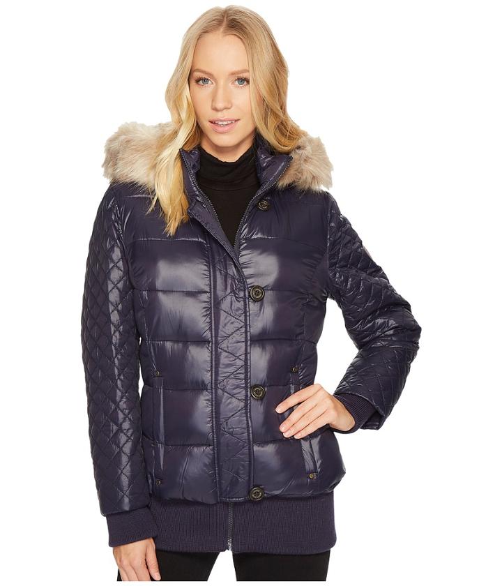 Lauren Ralph Lauren Diamond Sleeve Button Front W/ Knit (navy) Women's Coat