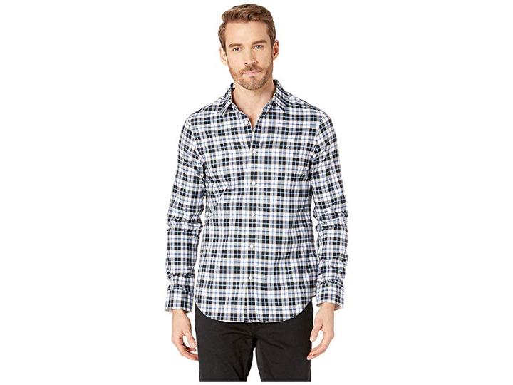 Calvin Klein Long Sleeve Brushed Twill Check Shirt (blue Lightning) Men's Clothing