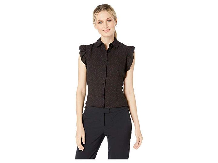 Anne Klein Poivre Print Ruffle Sleeve Blouse (anne Black/titian Red) Women's Blouse
