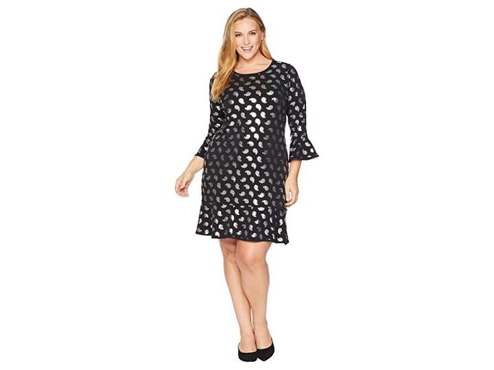Michael Michael Kors Plus Size Paisley Foil Flounce Dress (black/silver Foil) Women's Dress