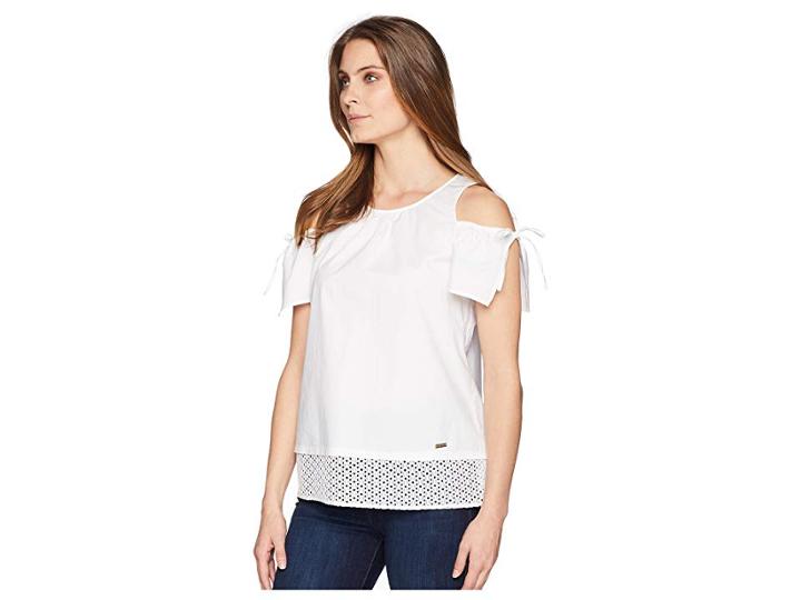Ellen Tracy Shoulder Focus Poplin Top W/ Eyelet Lace (e White) Women's Blouse