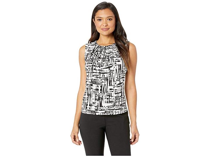 Calvin Klein Printed Pleat Neck Cami (black/cream) Women's Clothing